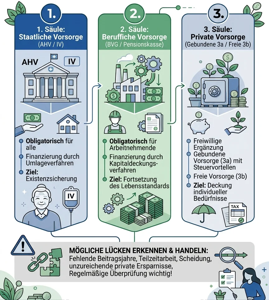 Die drei Säulen der Schweizer Vorsorge visualisiert